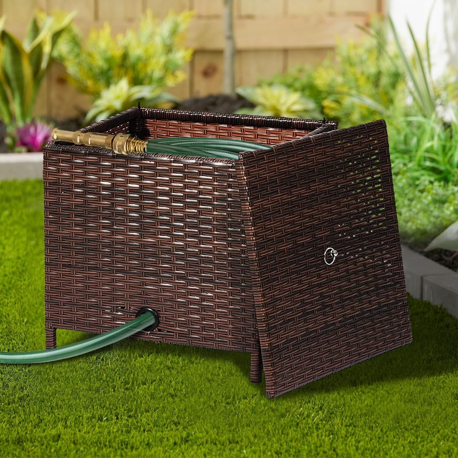 Decorative Garden Hose Storage Box with Lid, Weather Resistant Handwoven PE Rattan Water Hose Holder, Storage For Garden Tools, 200FT 5/8'' Hose Capacity
