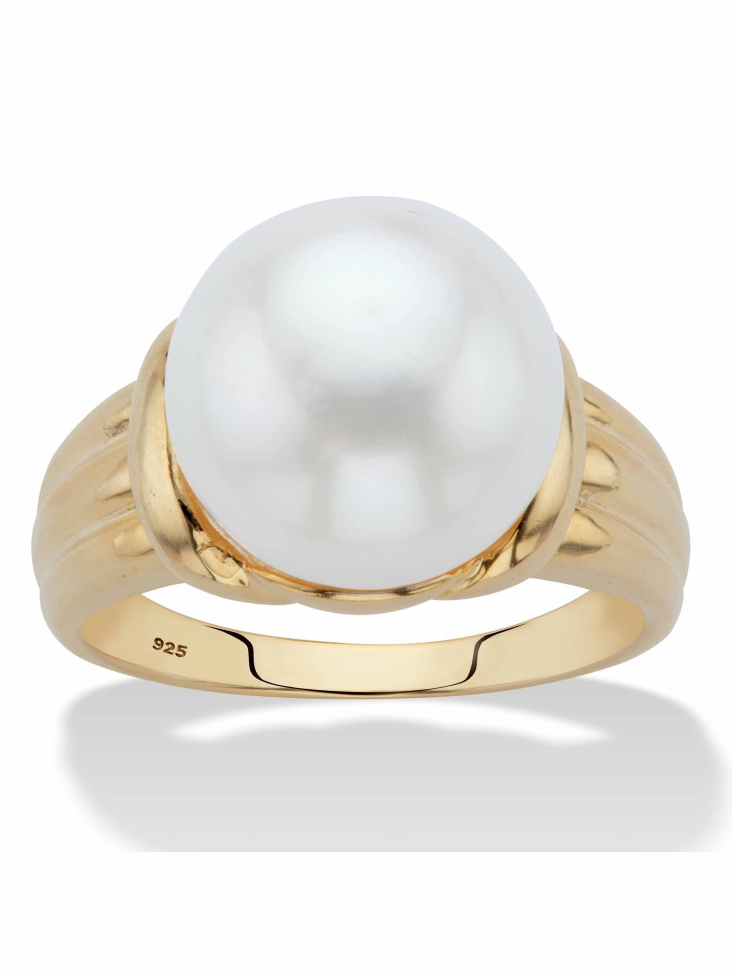 10k or 14k Solid Gold 3 Row CZ Freshwater Cultured Pearl Fancy Ring Jewelry 