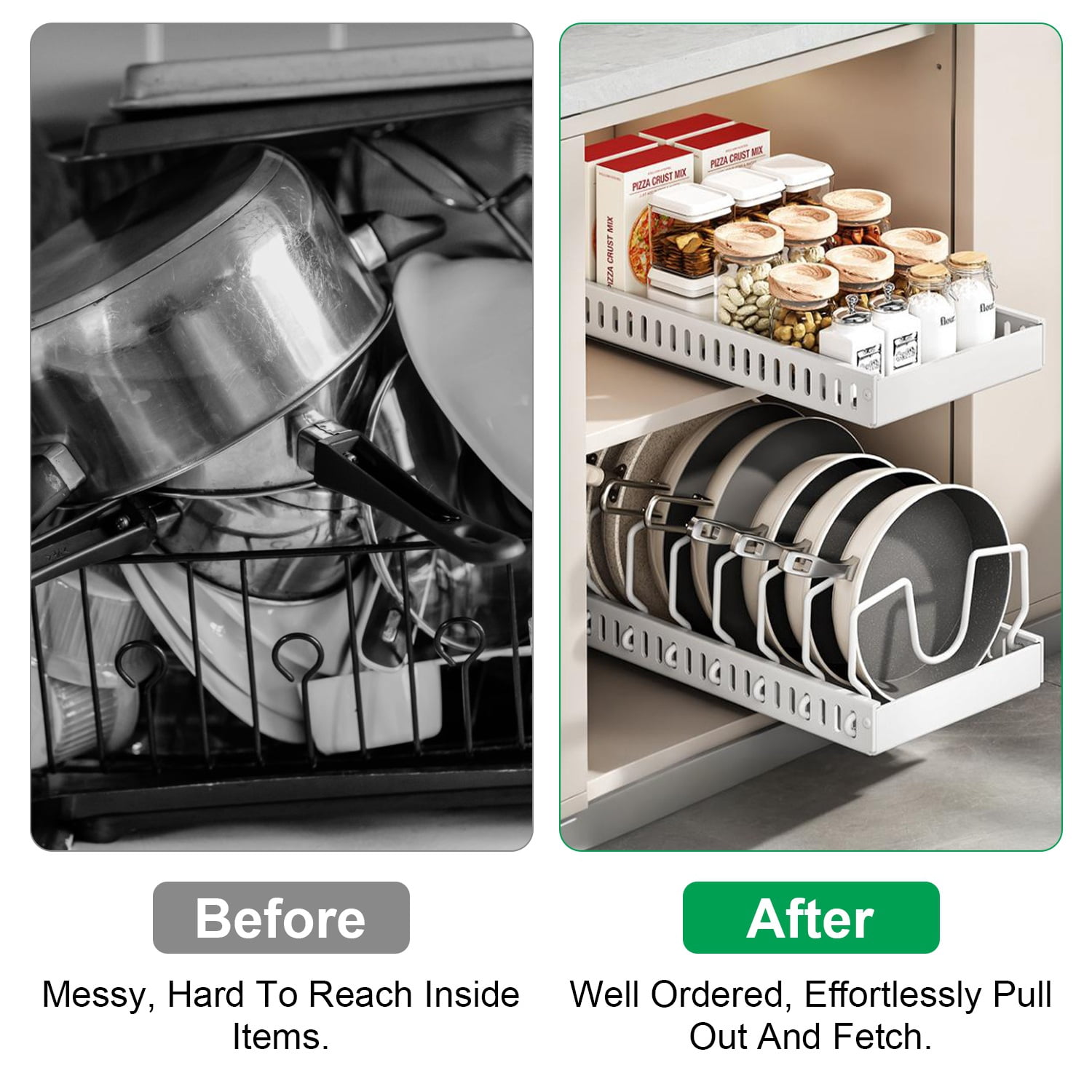 Pull Out Pots and Pans Organizer with 8 Adjustable Dividers for Cabinet