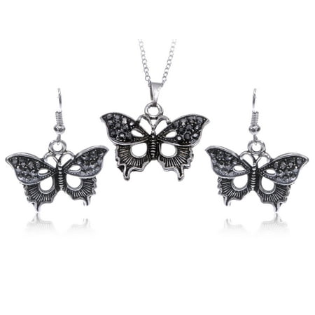 Silver Tone Gunmetal Rhinestone Texture Wings Butterfly Necklace Earring Set
