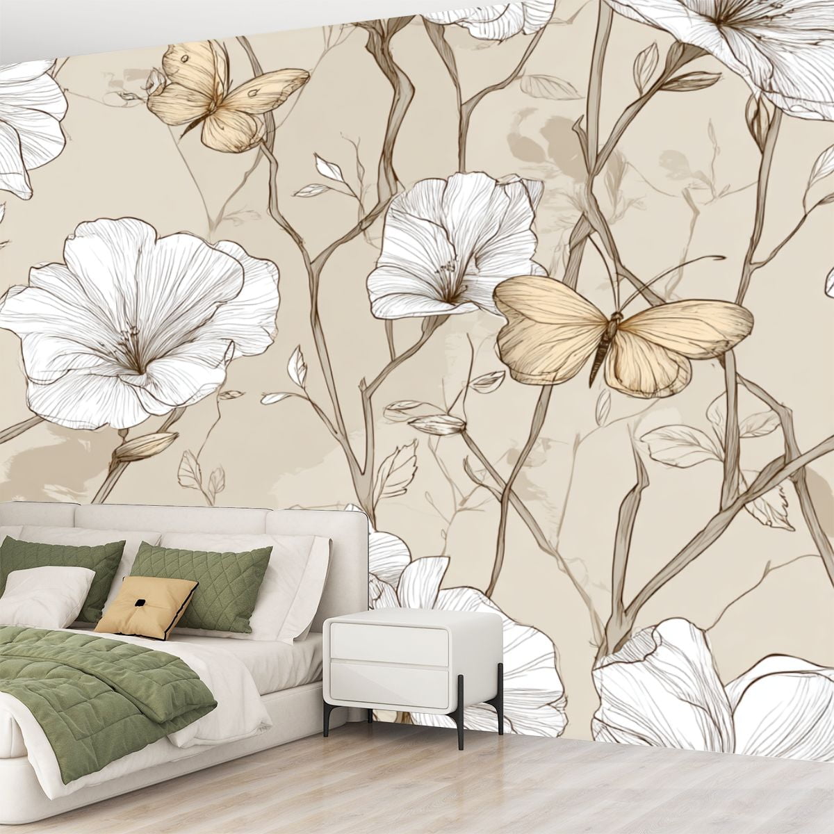 Peel and Stick Wallpaper Dusky Neutrals Stylized Flowers Butterfly Motif Floral Petals Curved Modern Art Wall Mural Decor Self Adhesive and Removable 69in x 98in