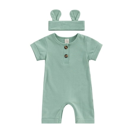 

Sunisery 2Pcs Baby Boys Girls Jumpsuit Short Sleeve Crew Neck Summer Romper Newborn Bodysuit with Headband Green 0-3 Months