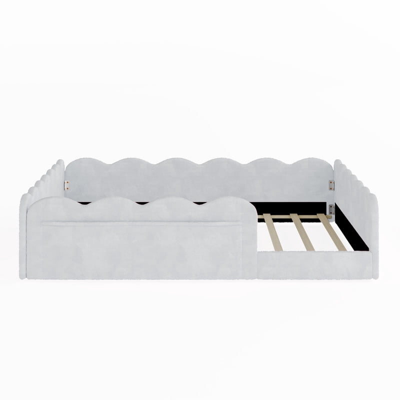 Full Size Upholstered Floor Bed, Faux Rabbit Fur Daybed Frame with 2 Storage Pockets, Kids Bed with Wavy Design Fence