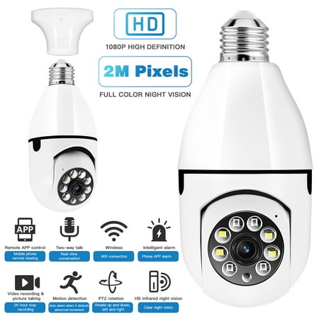 

Light Bulb 1080P Security—Wireless Camera WiFi Smart for Home Surveillance Screw into The E27 Light Bulb Socket Spotlight Alarm Color Night Vision Two-Way Talk Motion Alarm PTZ 360 Degree