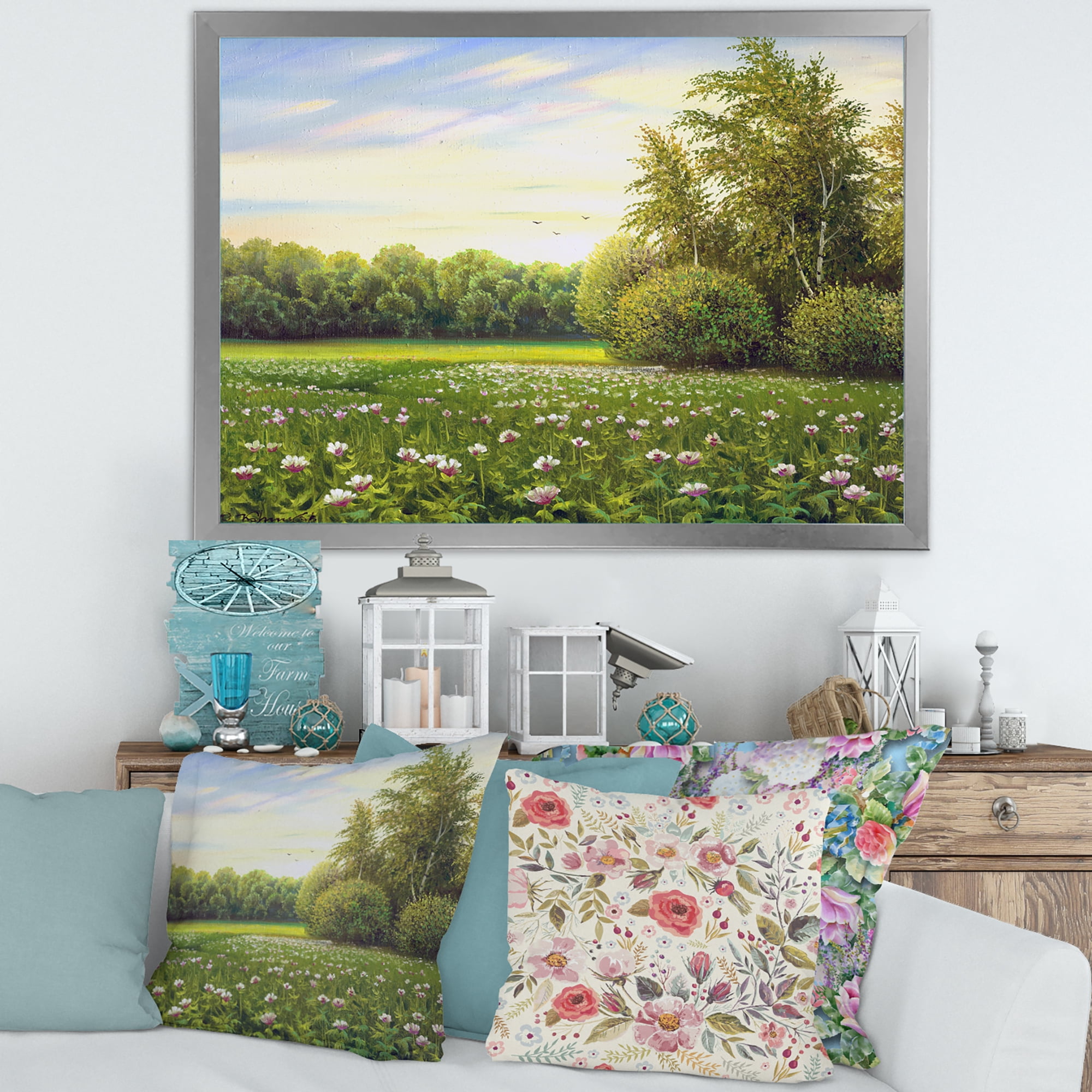 Spring Trees By The Flowers and Meadows 20 in x 12 in Framed Painting Canvas Art Print, by Designart