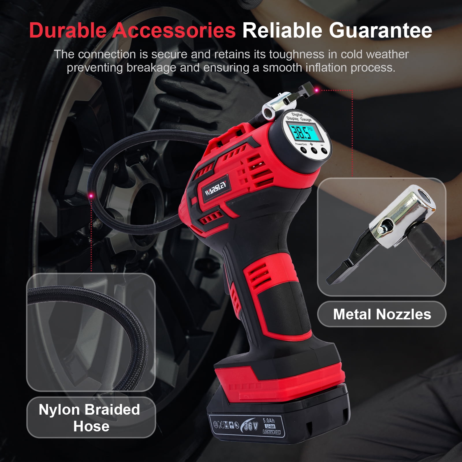 Cordless Tire Inflator Air Compressor, 20V Portable Car Air Pump with Rechargeable Battery and Charger for Cars Motorcycles, Red