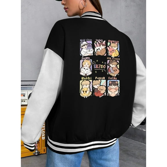 Women's Baseball Jacket Stray SKZOO Big Size Hoodie Kpop Idol Merchandise Long Sleeve Tee Cute Cartoon Animal Design Unisex Casual Top Concert Gift Daily Wear Black Hoodie Varsity Jacket