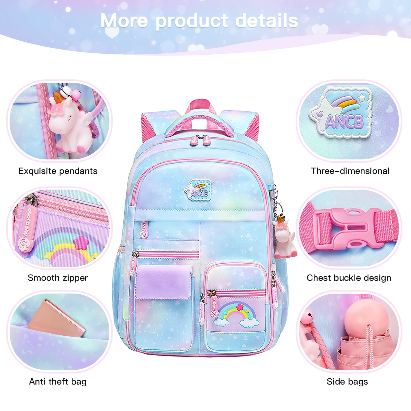 Kadyn Girls Backpack, Waterproof Princess School Backpacks for Teen Girl Kid Students, Cute Book Bag with Compartments and Lunch Bag, Blue Kadyn Girls Backpack, Waterproof Princess School Backpacks for Teen Girl Kid Students, Cute Book Bag with Compartments and Lunch Bag, Blue