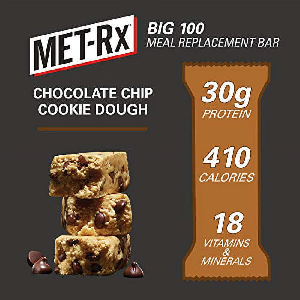 MET-Rx--Big 100 Chocolate Chip Cookie Dough Protein Bar--Protein Meal Replacement Bar--28g of Protein Per Bar--100g Bars, 9 Count