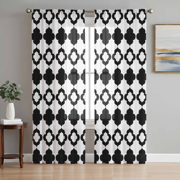 Bohemia Sheer Curtains 108 Inch Length 2 Panels Set Window Treatments, Retro Abstract Geometric Pattern Boho Black Rod Pocket Semi Curtains for Living Room/Bedroom/Kitchen Décor, 104"W x 108"L
