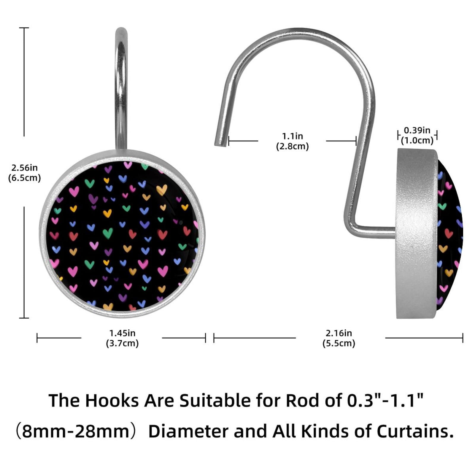 12pcs Decorative Shower Curtain Hooks, Rust Resistant Shower Rings for Bathroom Living Room,Rustproof Stainless Steel Rings for Shower Curtain and Liner Rods,Colorful Hearts Black