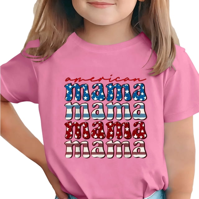 Zpanxa T-Shirts d'Été pour Filles Imprimé de la Fête de l'Indépendance Col Rond Manches Courtes Haut Polyester Spandex 5-6 Ans