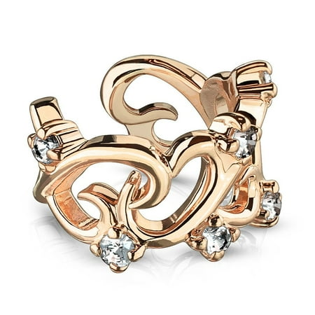 Tone Heart Link - MoBody Non Piercing Adjustable Filigree Linked Hearts with CZ Accents Ear Cuff Earring (Rose Gold-Tone)