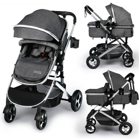 Kinder King 2 in 1 Convertible Baby Stroller Folding Infant Newborn Reversible Bassinet Pram Dark Grey