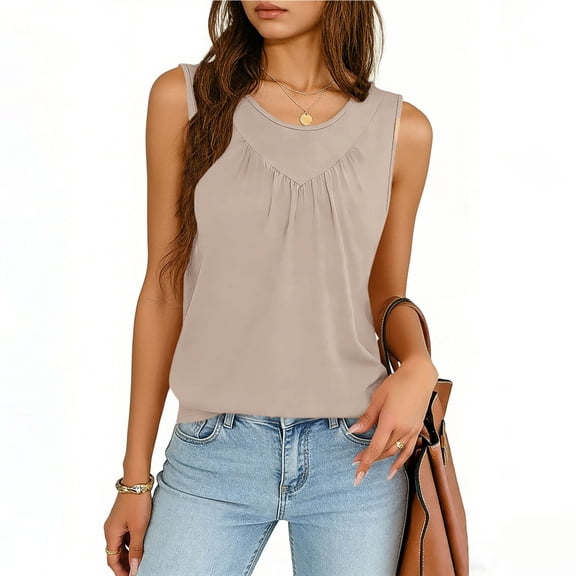 ClodeEU Womens Summer Crewneck Sleeveless Tank Tops,Casual Loose Fit Tunic Shirt Beige,Womens Plus S