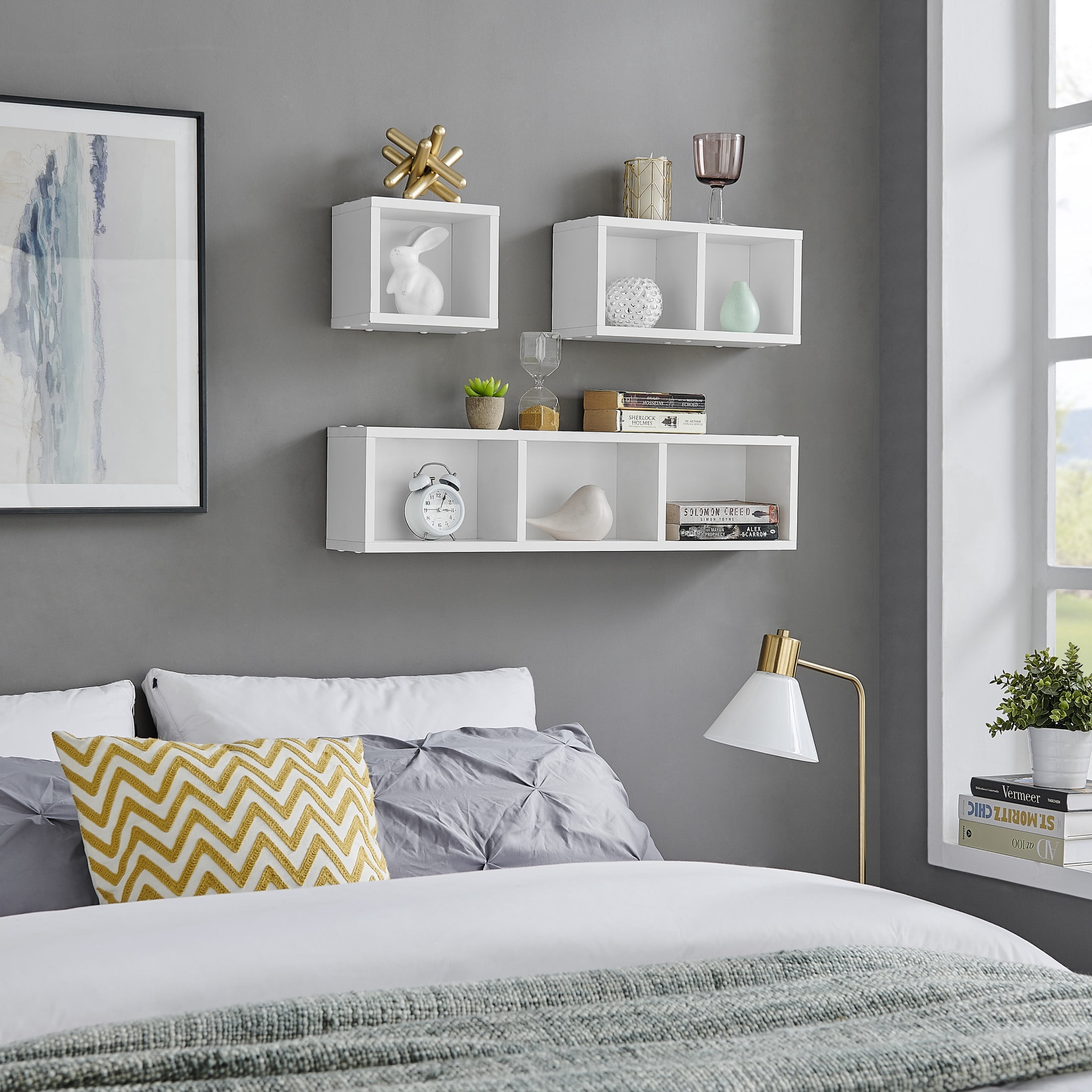 Danya B. Bauhaus Floating Geometric Cubby Wall Shelves - Set of 3 Sizes - White