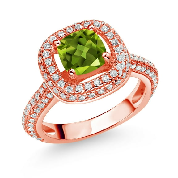 Gem Stone King 18K Rose Gold Plated Silver Green Peridot and White Moissanite Engagement Ring for Women (1.48 Cttw, Cushion 6MM, Gemstone August Birthstone, Size 5)