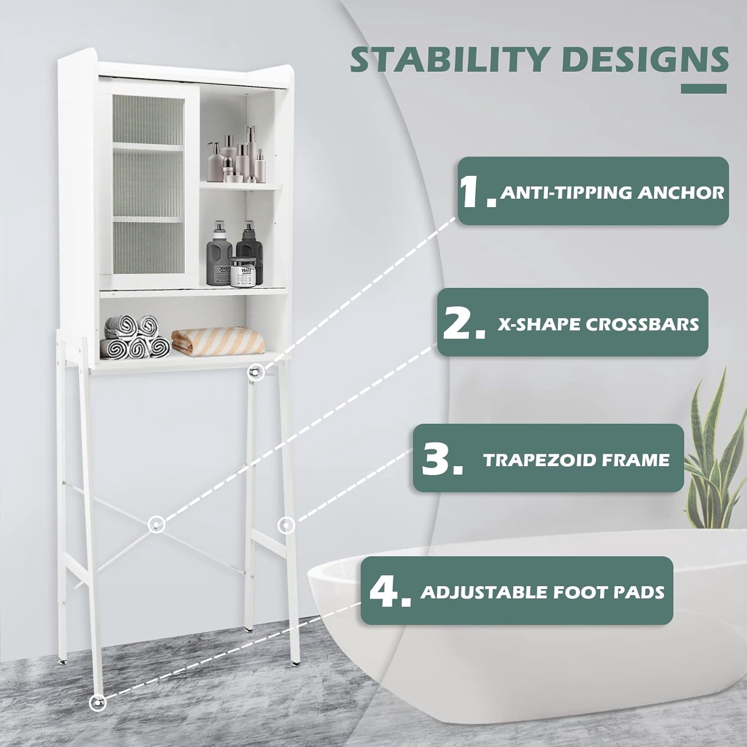 Reliancer Over The Toilet Storage Cabinet with Adjustable Shelves, Bathroom Space Saver Organizer Shelves, Freestanding Space Saver with Acrylic Sliding Door, Metal Frame, White