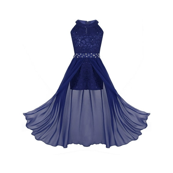 Yartina Girls Sleeveless Sequins Romper Dress Maxi Skirted Flower Girls Wedding Pageant Dance Blue 8