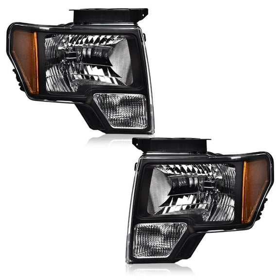 Pair Left & Right Headlights Clear Lens Black Housing Amber Reflector Fit for Ford F150 2009-2014 Headlamps