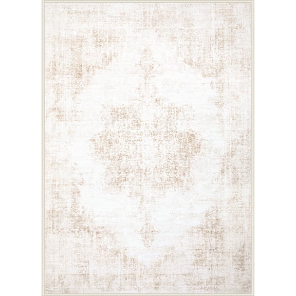 Beige Area Rug 6x9   Vintage Medallion Design, Affordable Home Essential, Non Slip Low Pile Indoor Carpet for Bedroom, Living Room, or Nursery