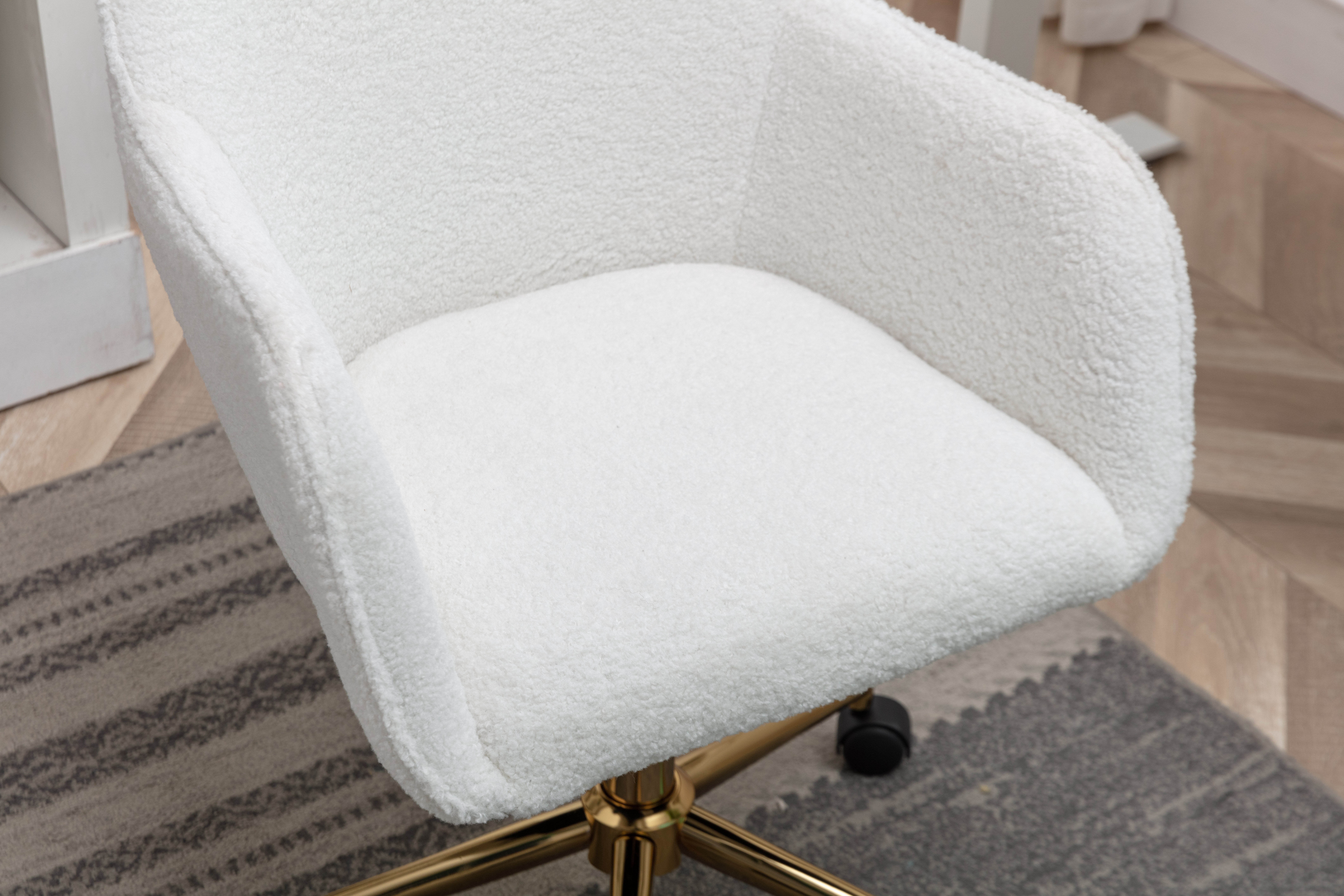 Adjustable Height 360 Revolving Home Office Chair With Gold Metal Legs And Universal Wheel For Indoor, White