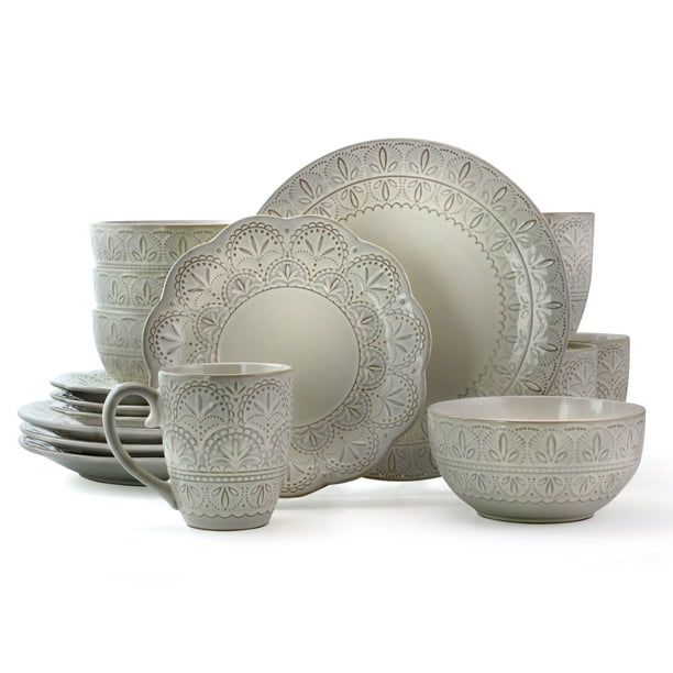 Elama White Lace 16 Piece Round Scallop Stoneware Dinnerware Set in
