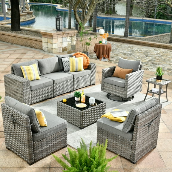 Vcatnet 8 Pieces Patio Furniture Outdoor Sectional Sofa Wicker Conversation Set with Rocking Chair and Coffee Table for Garden, Porch, Dark Gray