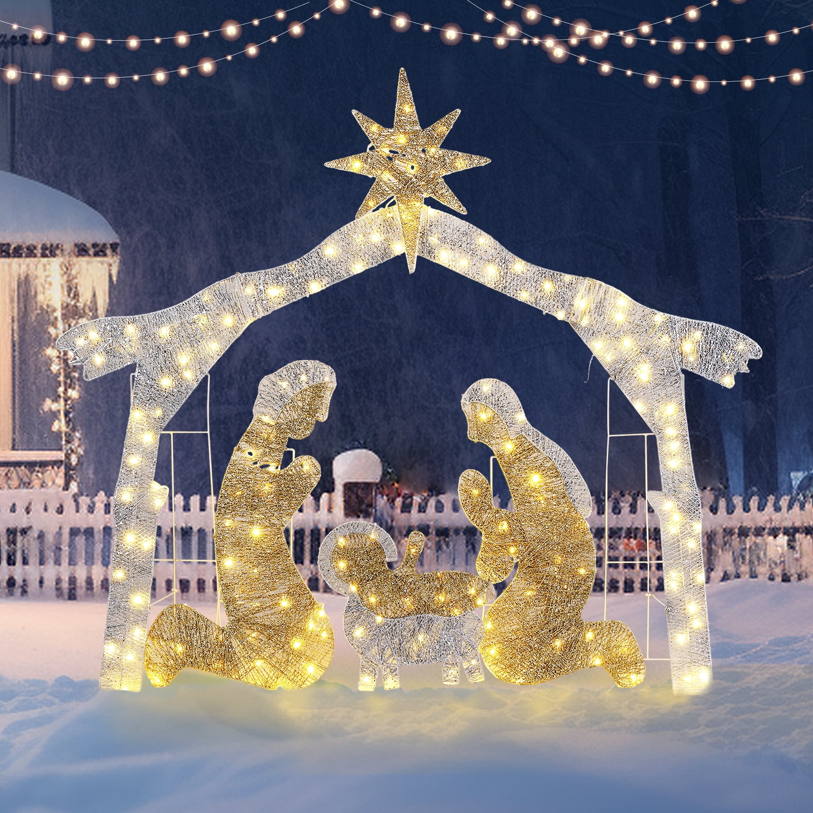 6ft Christmas Nativity Scene Decoration Silver Roof with 190 LED Lights Durable Garden Jesus Mary Joseph Set Easy-Install Reusable Outdoor Holiday Decor