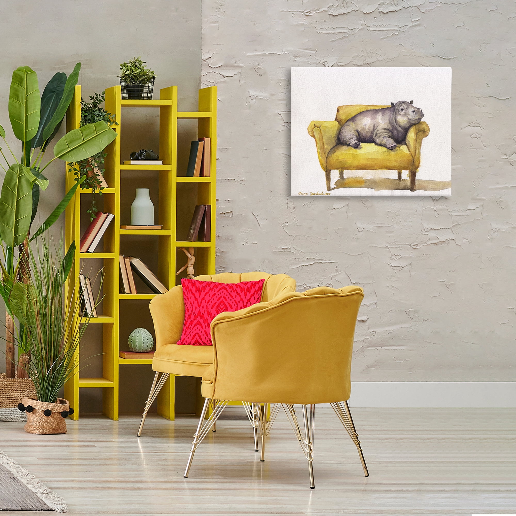 Stupell Industries Hippo on Yellow Chair Animals Painting Wrapped Canvas Art Print Wall Art, 30 x 24