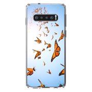 DistinctInk Clear Shockproof Hybrid Case for Samsung Galaxy S10 (6.1" Screen) - TPU Bumper, Acrylic Back, Tempered Glass Screen Protector - Flying Monarch Butterflies