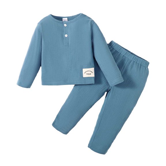 Kucnuzki 5T Toddler Boy Winter Outfits Pants Sets 6T Long Sleeve Solid Color Gentle Button-Up Pull-Over Top Elastic Pants 2PCS Set Blue