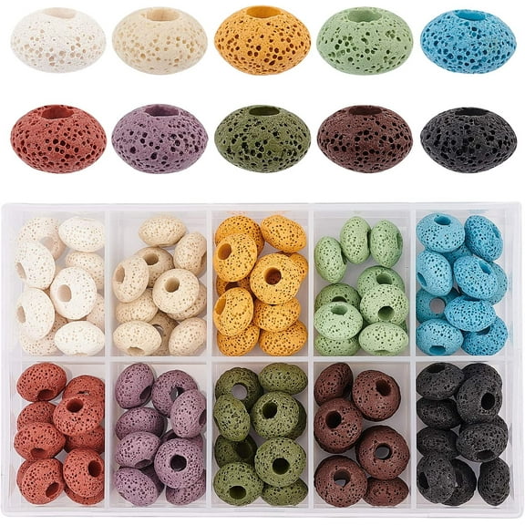 100 Pcs Natural Lava European Beads 10 Colors Flat Round Large Hole Beads Lava Stone Rock Loose Beads Volcanic Gemstone for Jewelry Making DIY