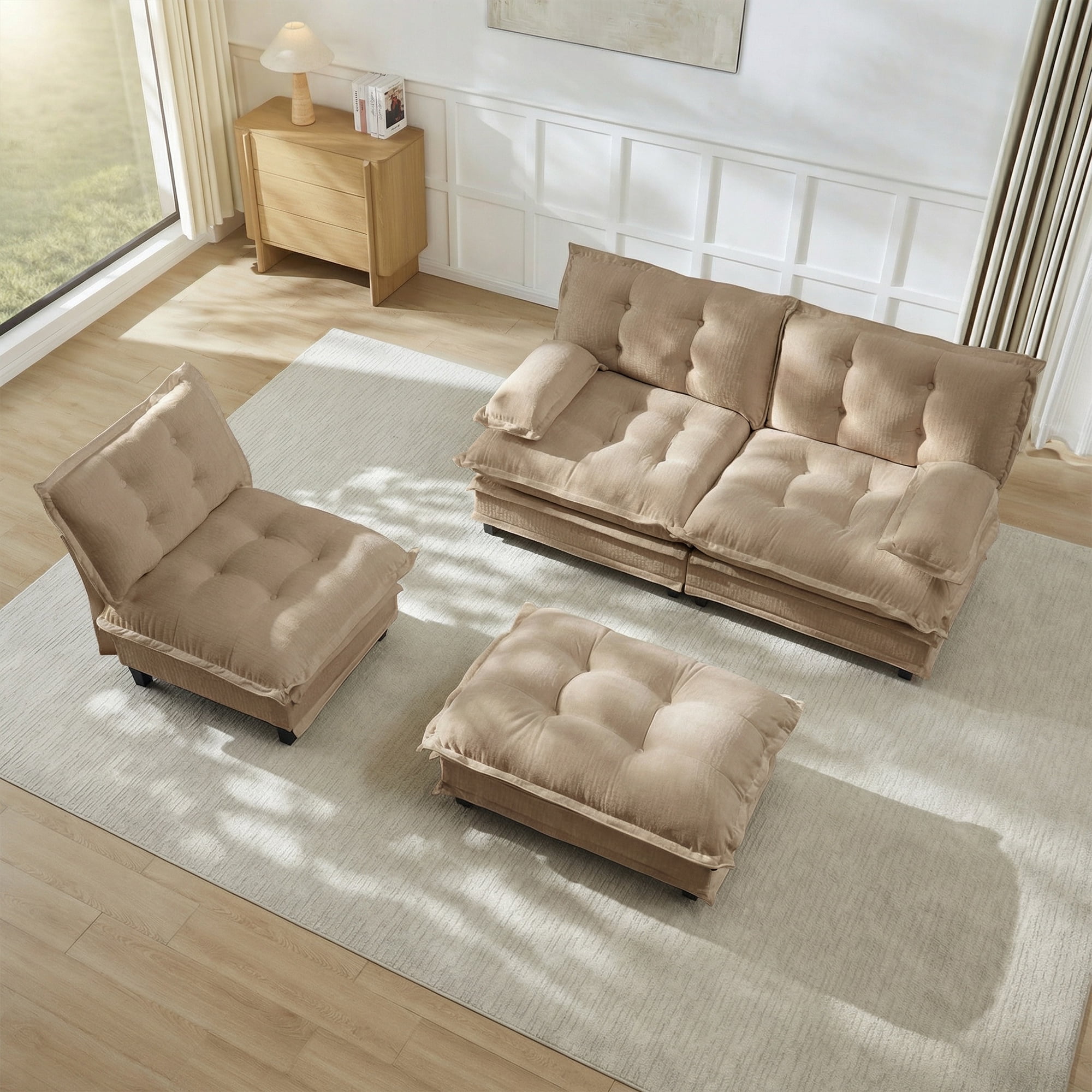 AISWORD 107" L-Shaped Modular Sectional Cloud Sofa with Ottoman, Chenille Fabric Deep Seat Couch with Lattice Decored Cushions
