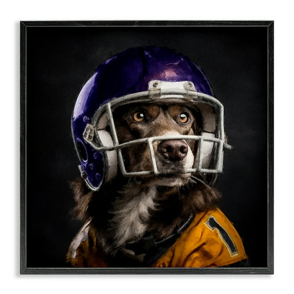 Stupell Industries Dog with Football Helmet Animals Painting Black Framed Art Print Wall Art, 12 x 12