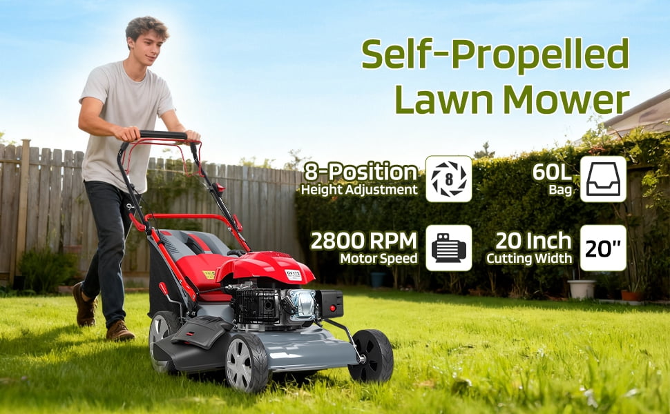 Sioweci 20-Inch Self-Propelled Gas Lawn Mower, 173cc Powerful Push Mower with Large 60L Grass Catcher, Adjustable Cutting Height for Yard Patio Lawn,Red