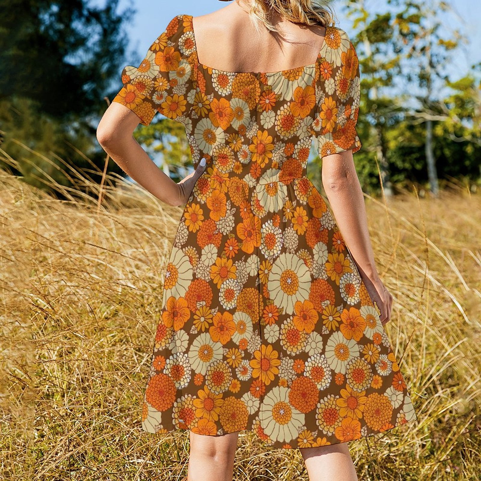 strapless open back dress Vintage 1970s Orange Floral Maxi Dress main image 1