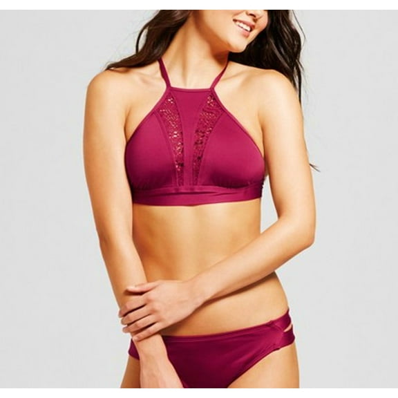 Mossimo Deep Red Burgundy High Neck Halter Crochet 2-Piece Bikini Set Swimsuit XL