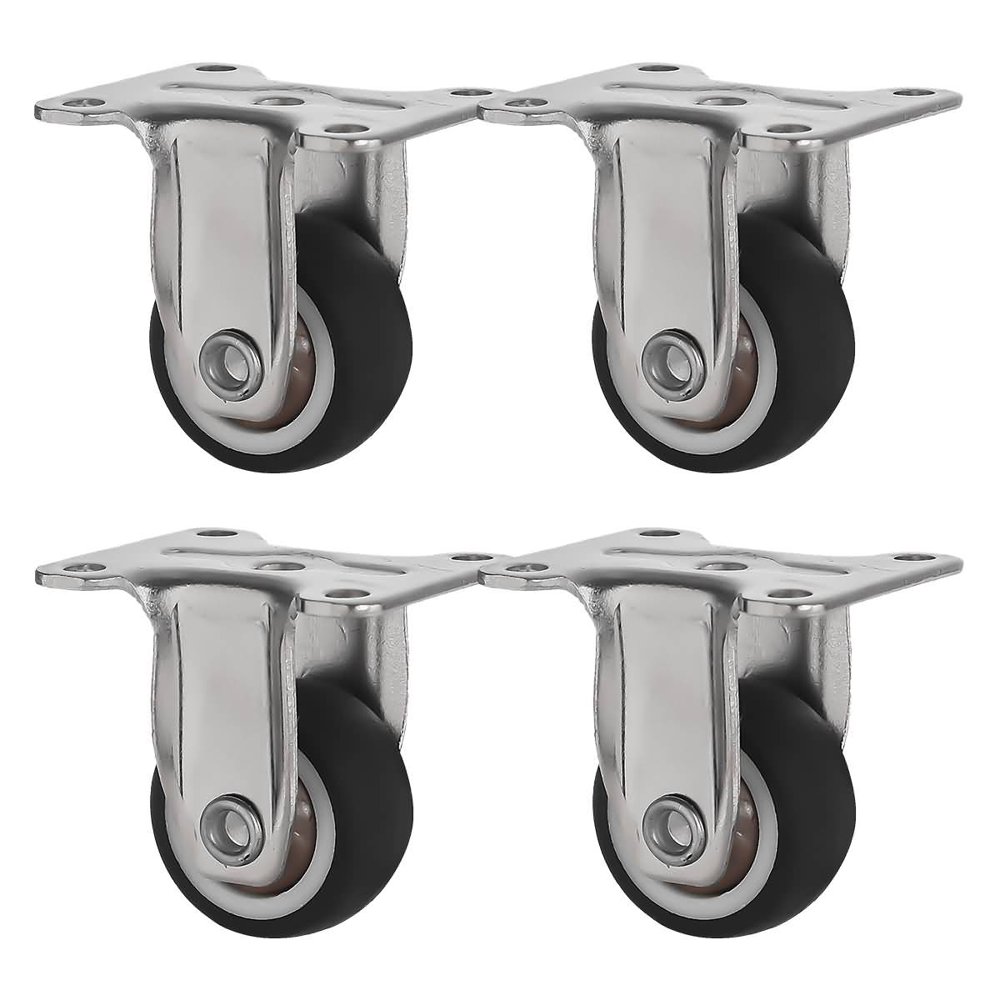 4 Pack 1" Low Profile Rigid Caster Black Rubber Fixed Caster Wheels