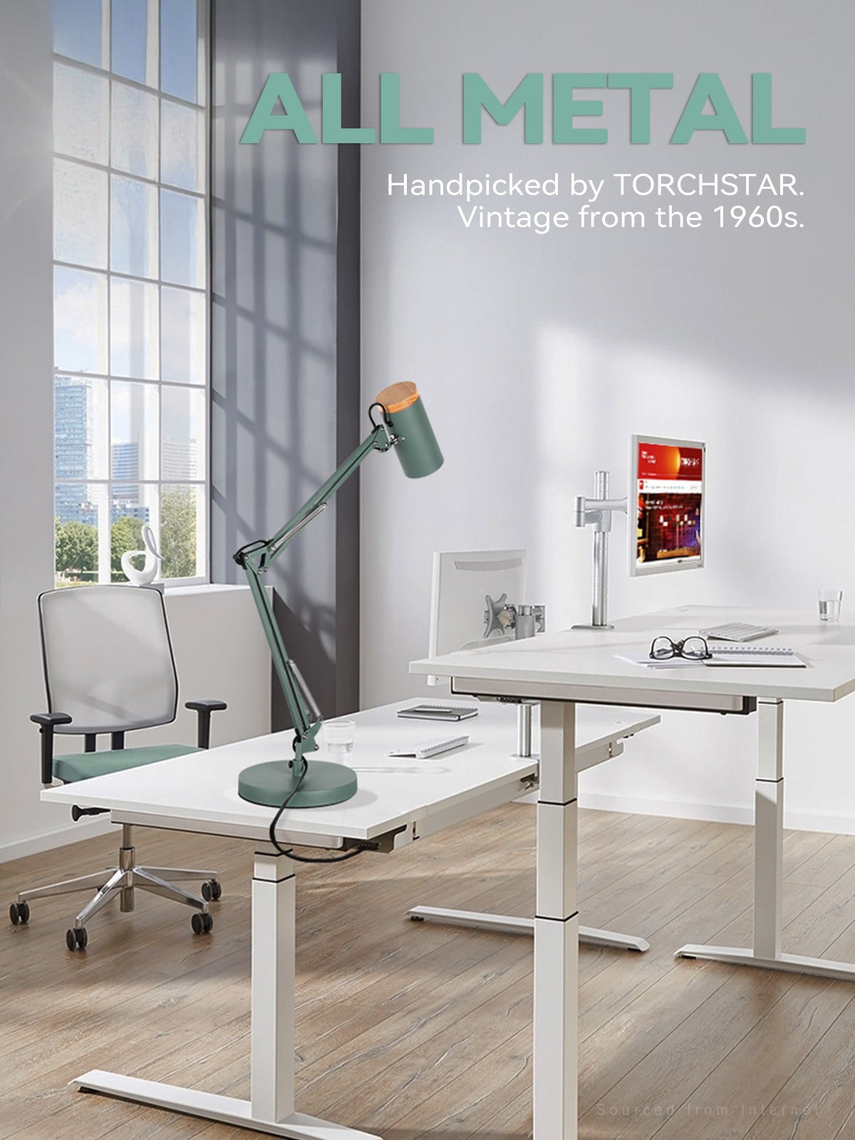 Adjustable Metal Table Lamp, Large Size Max Height 26", E26 Base, Swing Arm Desk Light with Wooden Accent, Dark Green