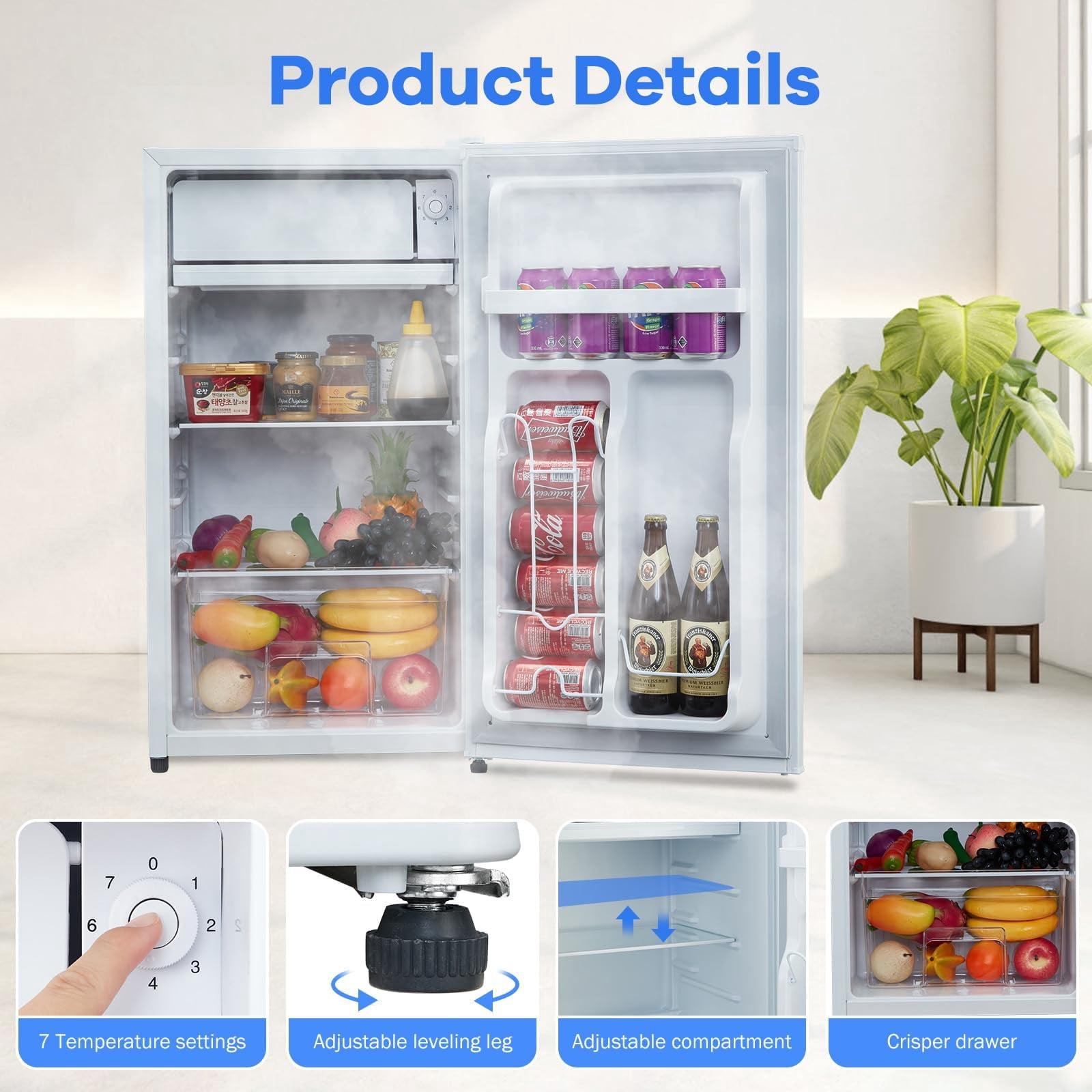 DSstyles Mini Fridge With Freezer - 4.3 Cu.Ft, Adjustable Thermostat, Reversible Single Door, Ideal for Dorm, Office, Rv, Garage, Apartment, White
