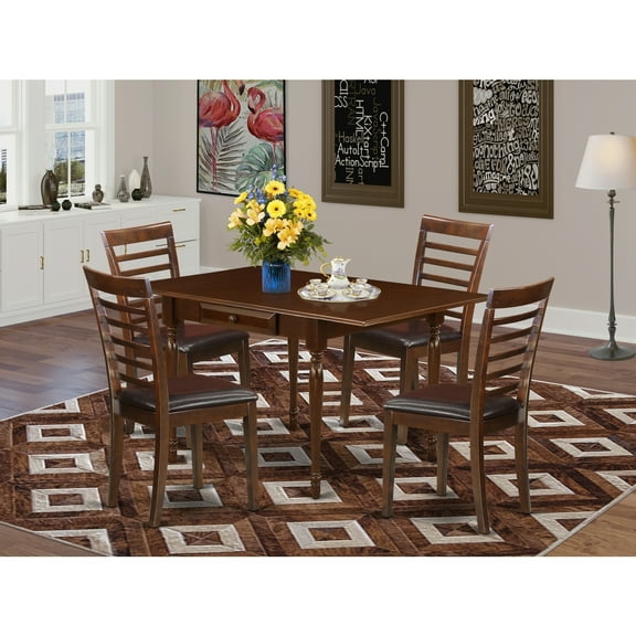 Dining Room Table Set 5 Piece Wood Kitchen Table with 4 Chairs, Rectangle Table & Faux Leather Seats, Mahogany Finish