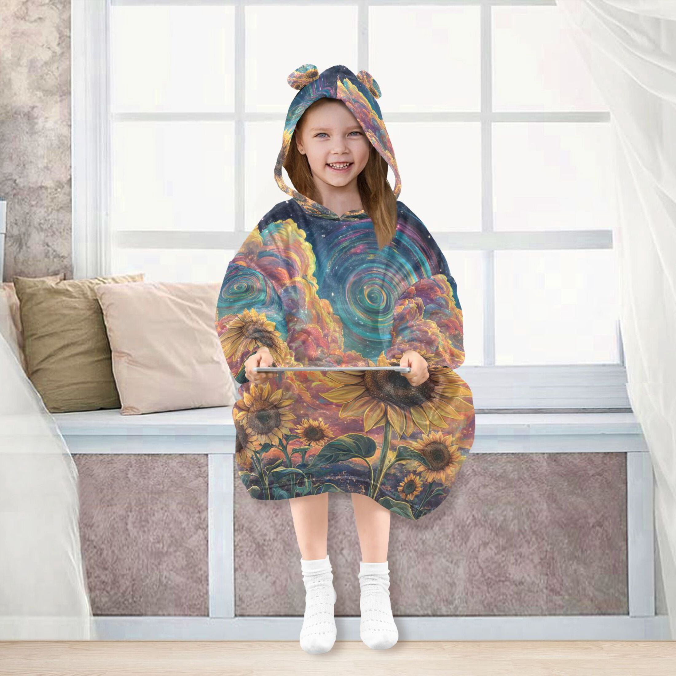 YAZAOO Kids Wearable Blanket Hoodie Warm and Cozy Sunflowers under A Cosmic Sky Flannel Sweatshirt