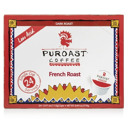 Puroast Low Acid Coffee Single Serve Pods, pH above 5.5, Dark Roast, 24 Count - Gut Health, Higher Antioxidant