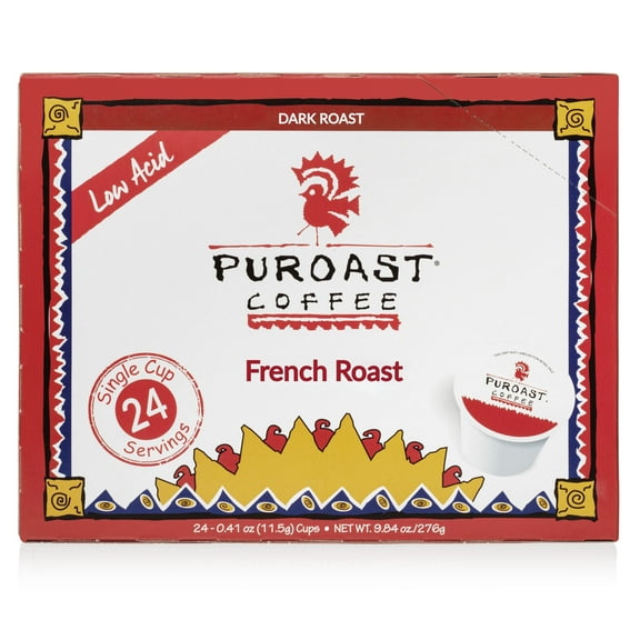 Puroast Low Acid Coffee Single Serve Pods, pH above 5.5, Dark Roast, 24 Count - Gut Health, Higher Antioxidant