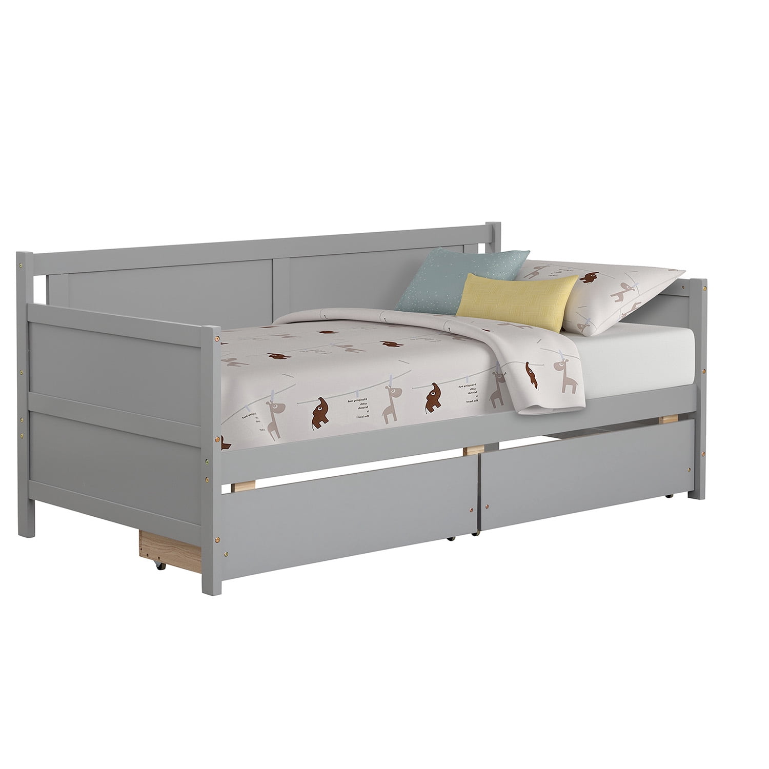 Miniyam Wooden Twin Size Daybed with 2 Drawers, Sofa Bed for Bedroom Living Room, Gray