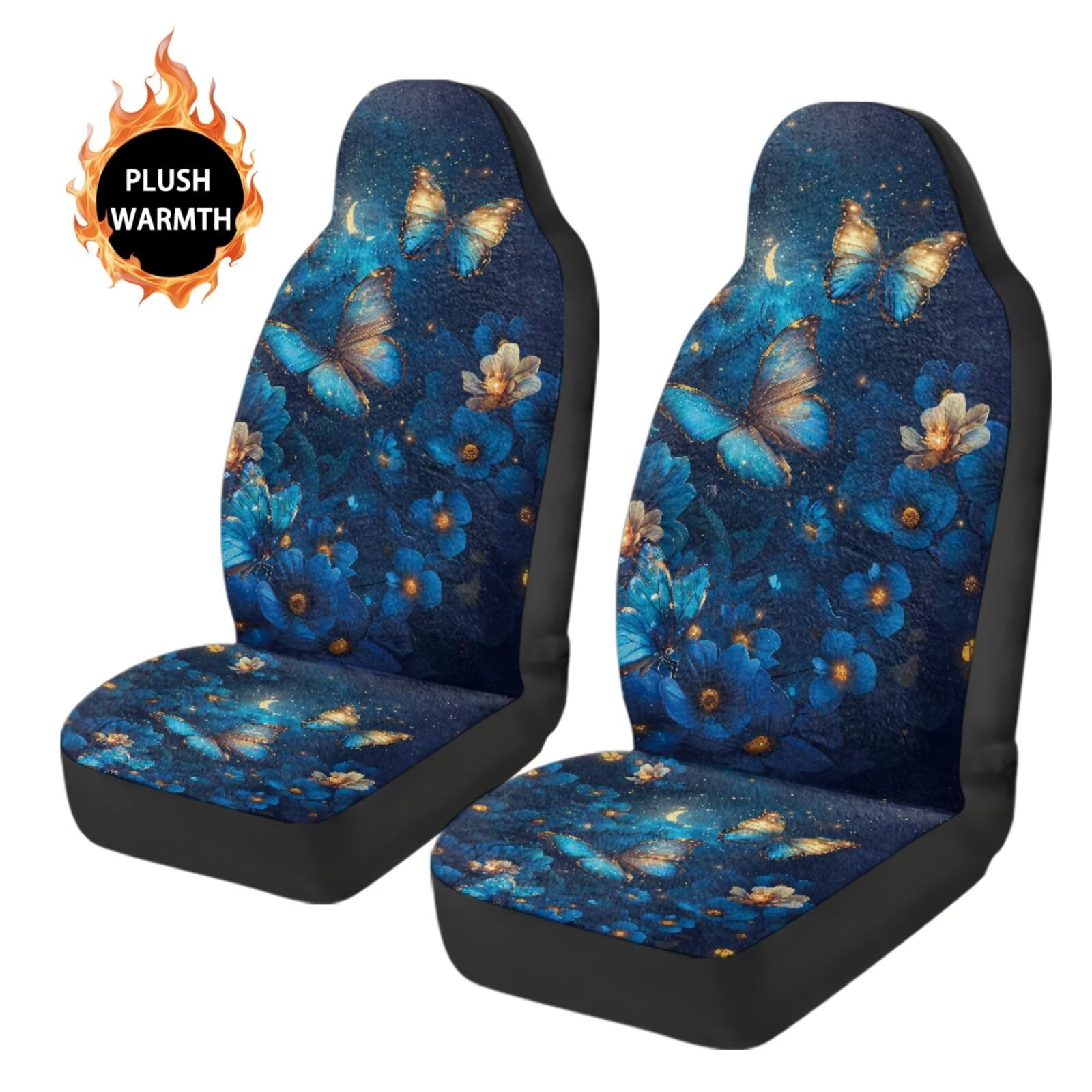 Uorisanigo Car Seat Covers 2 Front Set, Premium Soft Plush Blue Butterfly Aoto Seat Covers for Sedans SUVs Pick-up Trucks, Car Interior Accessories, Universal Fit & Breathable