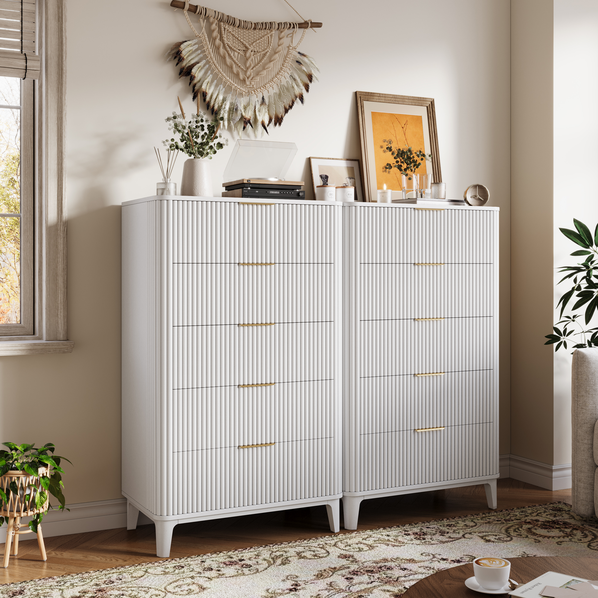 TOKSOM 5 Drawer Dresser, Modern Minimalist Tall Chest of Drawers, White Wood Clothing Organizer with Fluted Design & Gold Handles for Bedroom