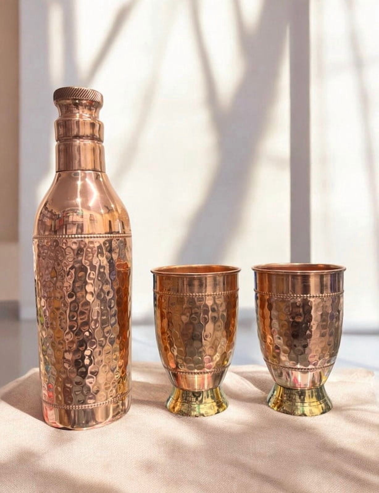 Elegant Copper Water Bottle Set with Two Matching Hammered Copper Glasses Half-Hammered Design Bottle Ideal for Home