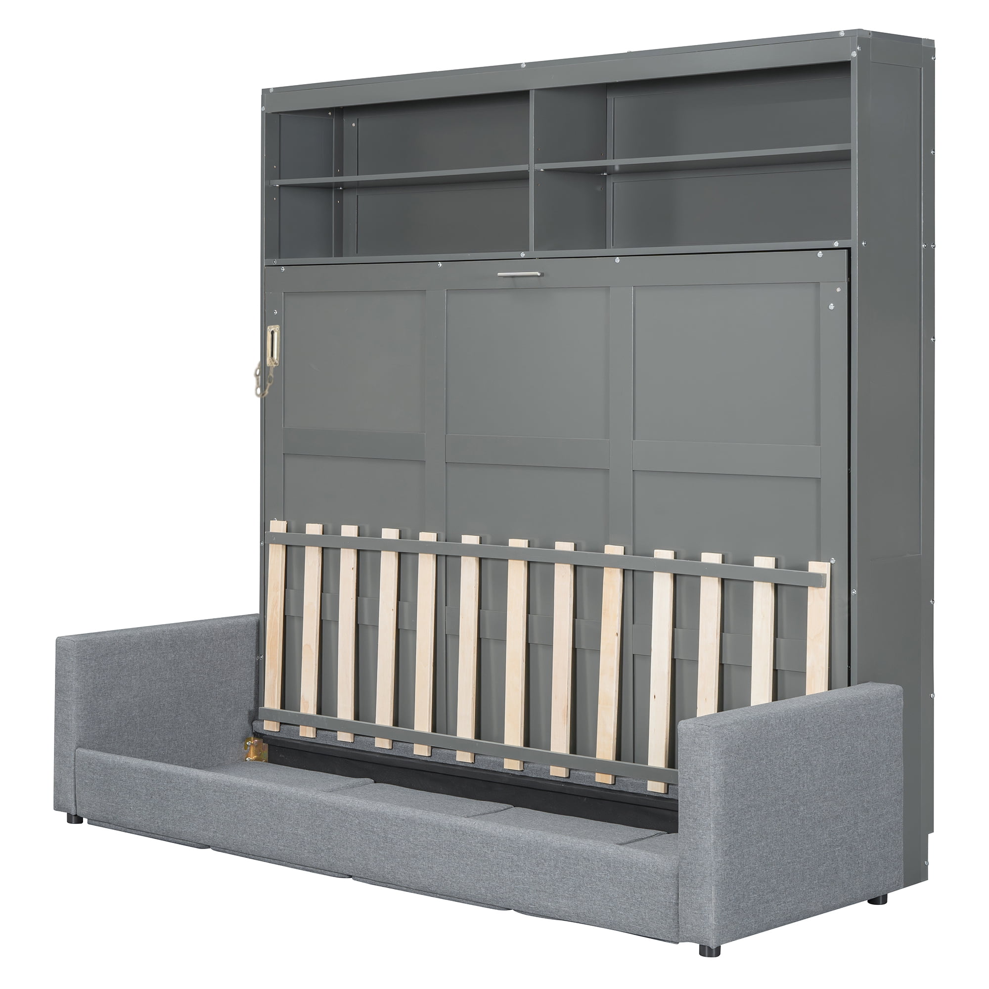 Queen Size Murphy Bed with Sofa and Open Storage Adjustable Shelves for Small Space, Guest Room